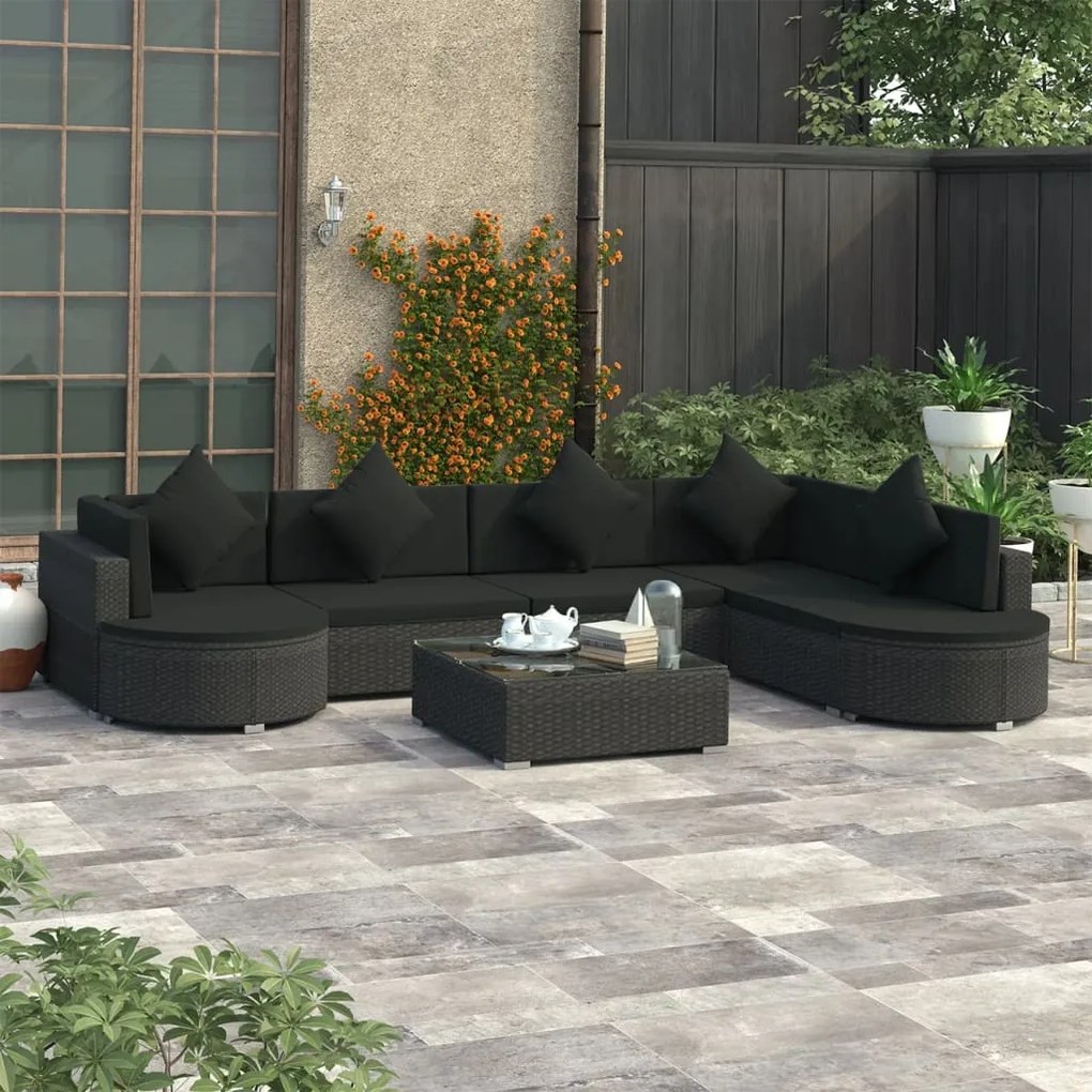 Set divani da giardino 8 pz con cuscini in polyrattan nero