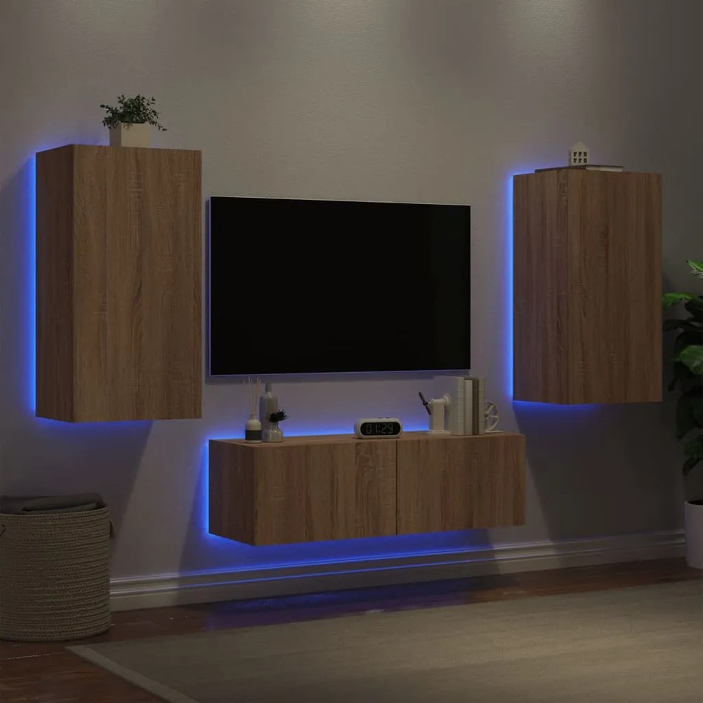 Mobili Tv A Muro 3pz Con Luci Led Rovere Sonoma /