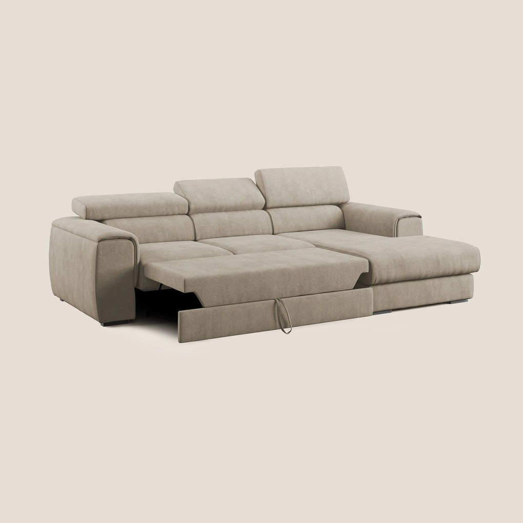 Zeno Divano angolare con pouf estraibile poggiapiedi in tessuto morbido impermeabile T02 beige