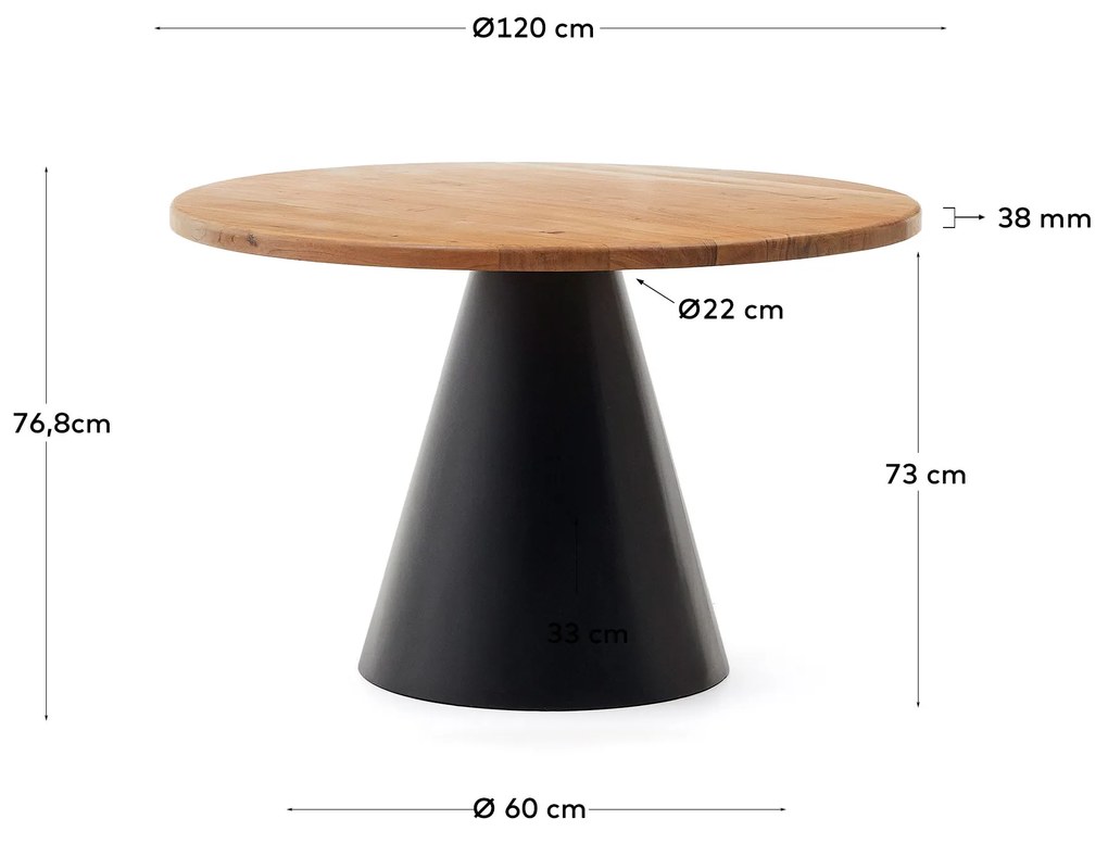 Kave Home - Tavolo rotondo Wilshire in legno massiccio di acacia e gambe in acciaio nero Ã˜ 120 cm