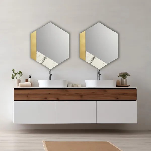 Specchio 70x80 cm decori foglia oro e marmo laminato bianco - CHARLIE