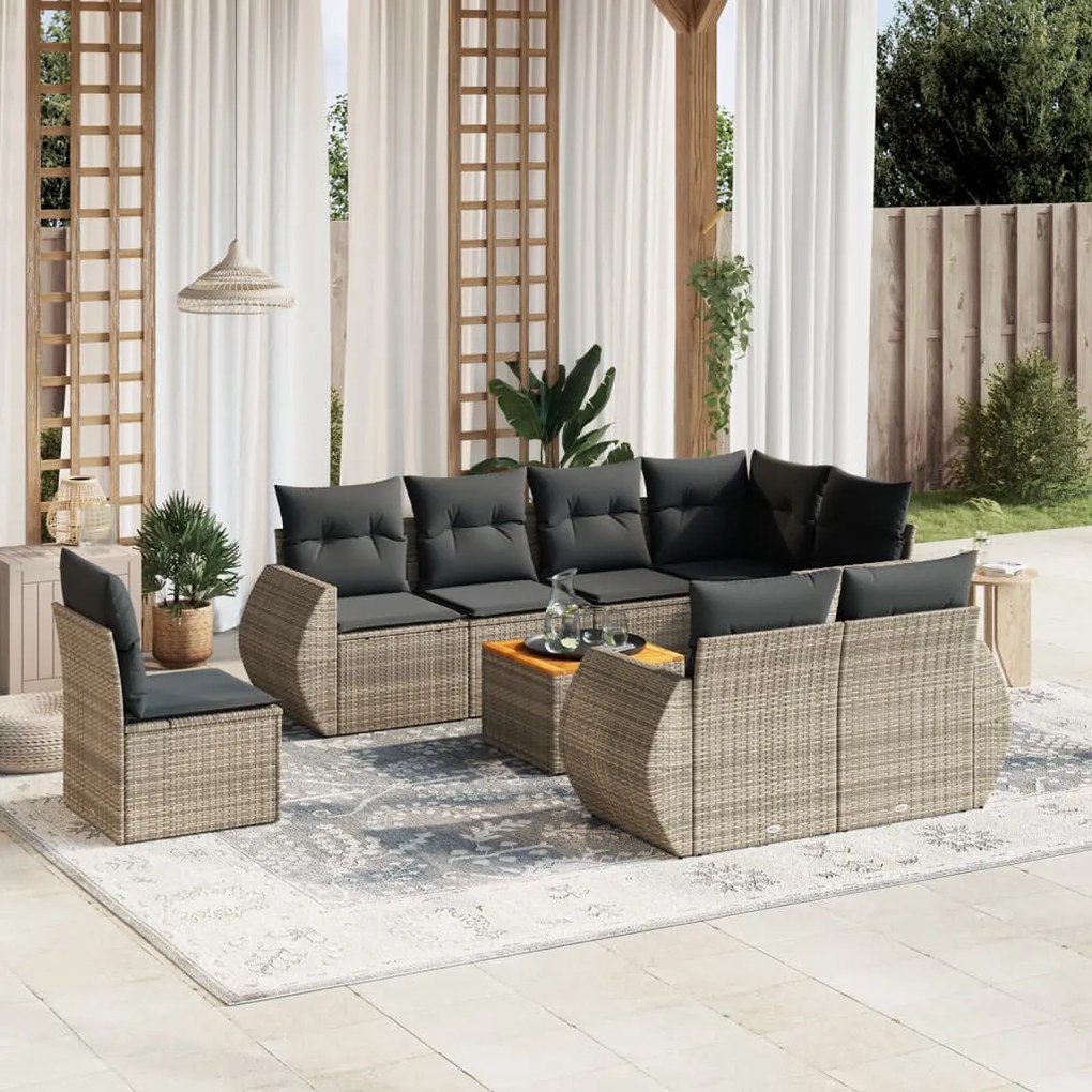 Set divano da giardino 9 pz con cuscini grigio in polyrattan