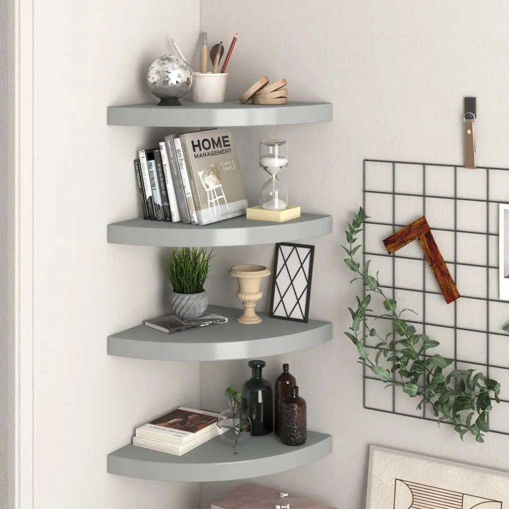 Scaffali Angolari A Parete 4 Pz Grigi 35x35x3,8 Cm İn Mdf /