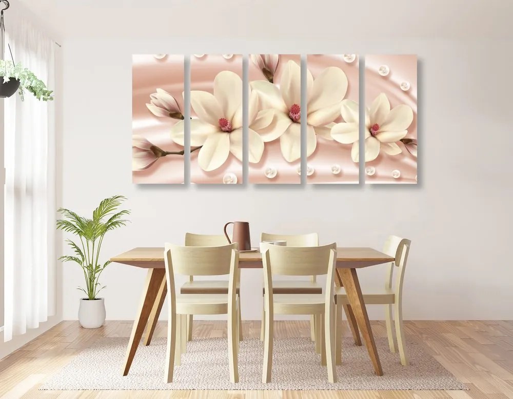 Quadri 5 pezzi – Magnolia di lusso con perle