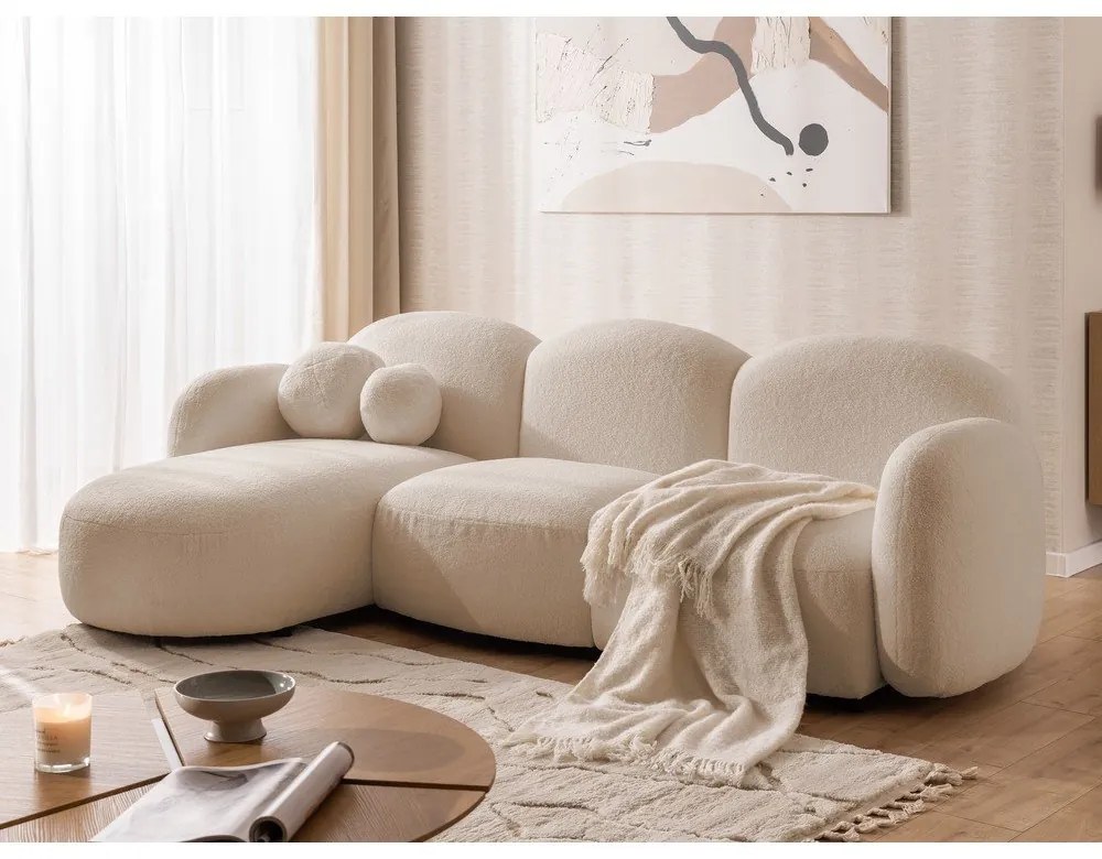 Divano angolare marrone chiaro (con penisola a sinistra/con chaise lounge) con rivestimento in bouclé Orbit – Ropez