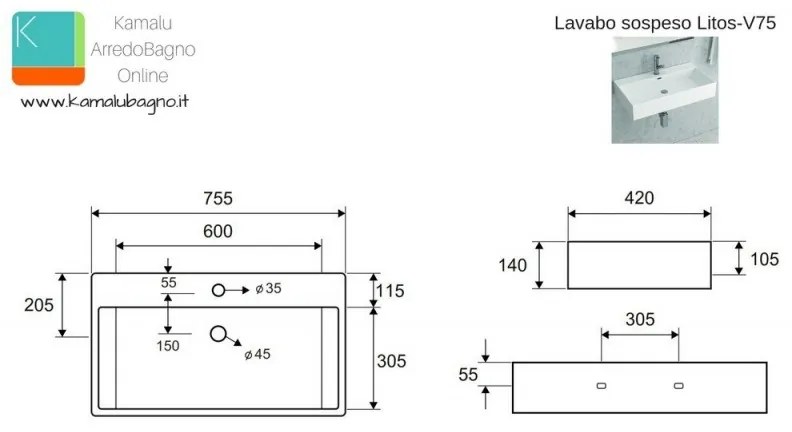 Kamalu - lavabo sospeso 75 cm litos-v75