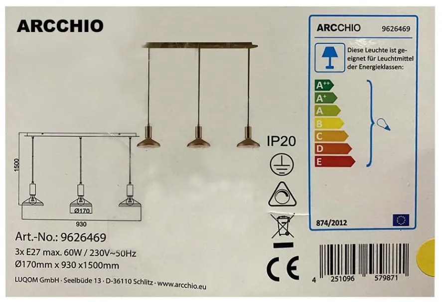 Arcchio - Lampadario a sospensione con filo JAIKA 3xE27/60W/230V