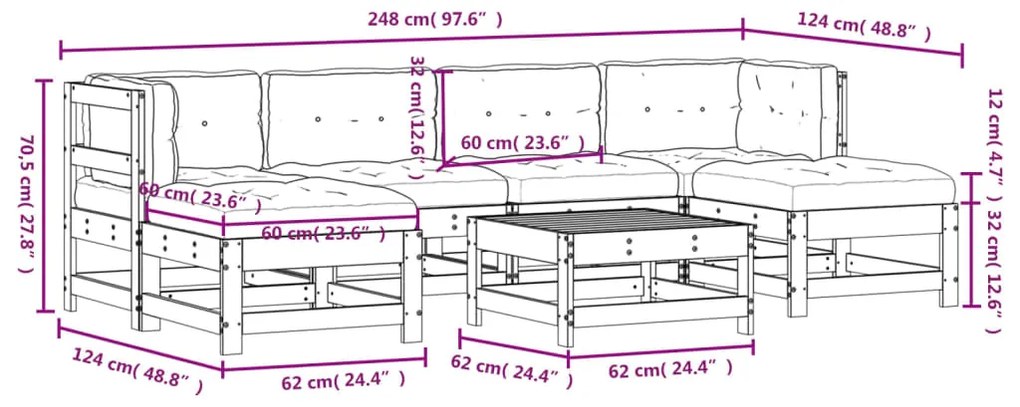 Set Divani da Giardino 7pz con Cuscini Legno Impregnato di Pino