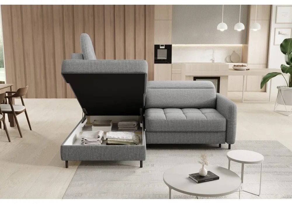 Divano angolare grigio allungabile/con contenitore (con penisola a sinistra/a L) e rivestimento in velluto Barea – ELTAP