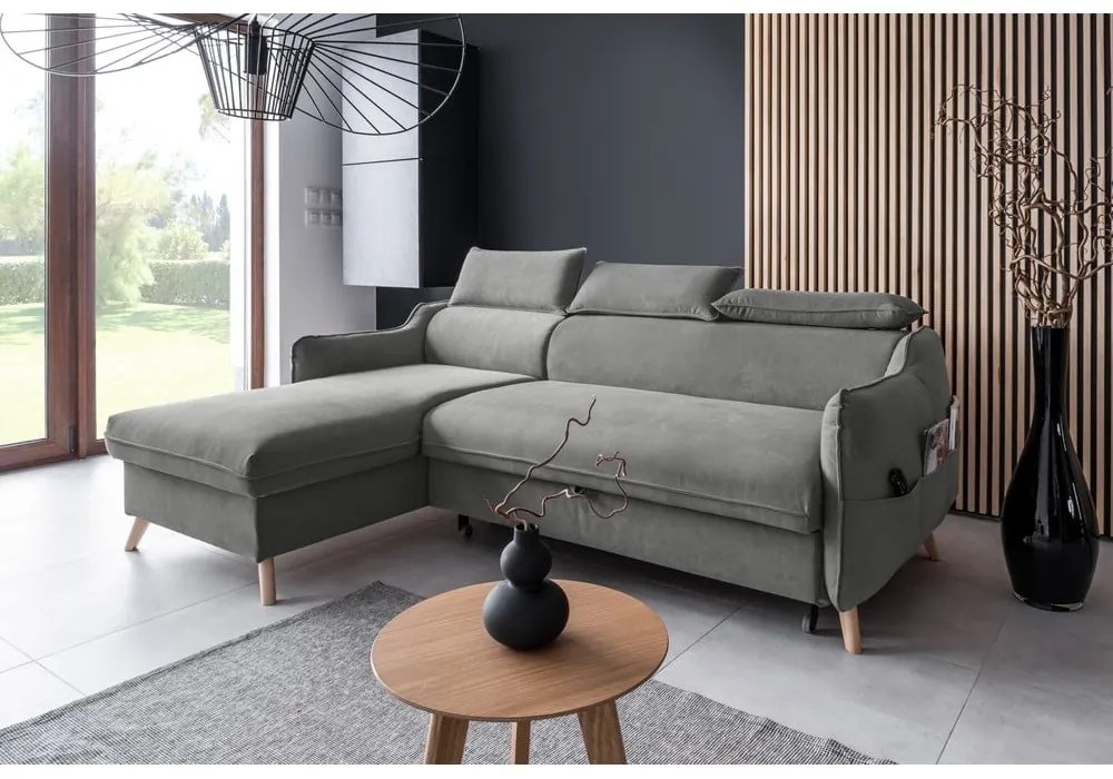 Divano letto angolare in velluto grigio chiaro (angolo sinistro) Sweet Harmony - Miuform