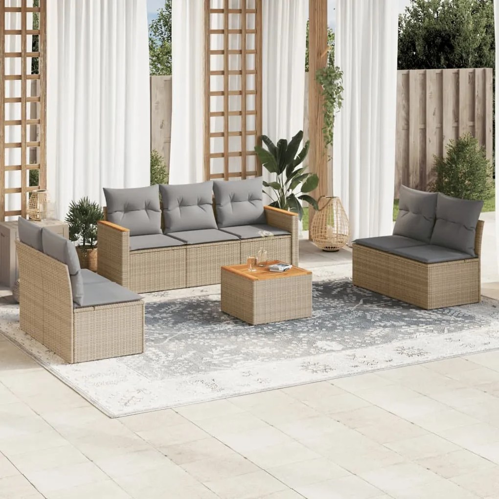 Set Divano da Giardino 8 pz con Cuscini Beige Misto Polyrattan