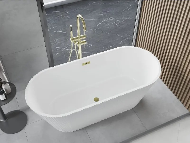 Mexen Yara vasca da bagno autoportante scanalata 170 x 75 cm, bianca, troppo pieno oro spazzolato - 52861707500-55