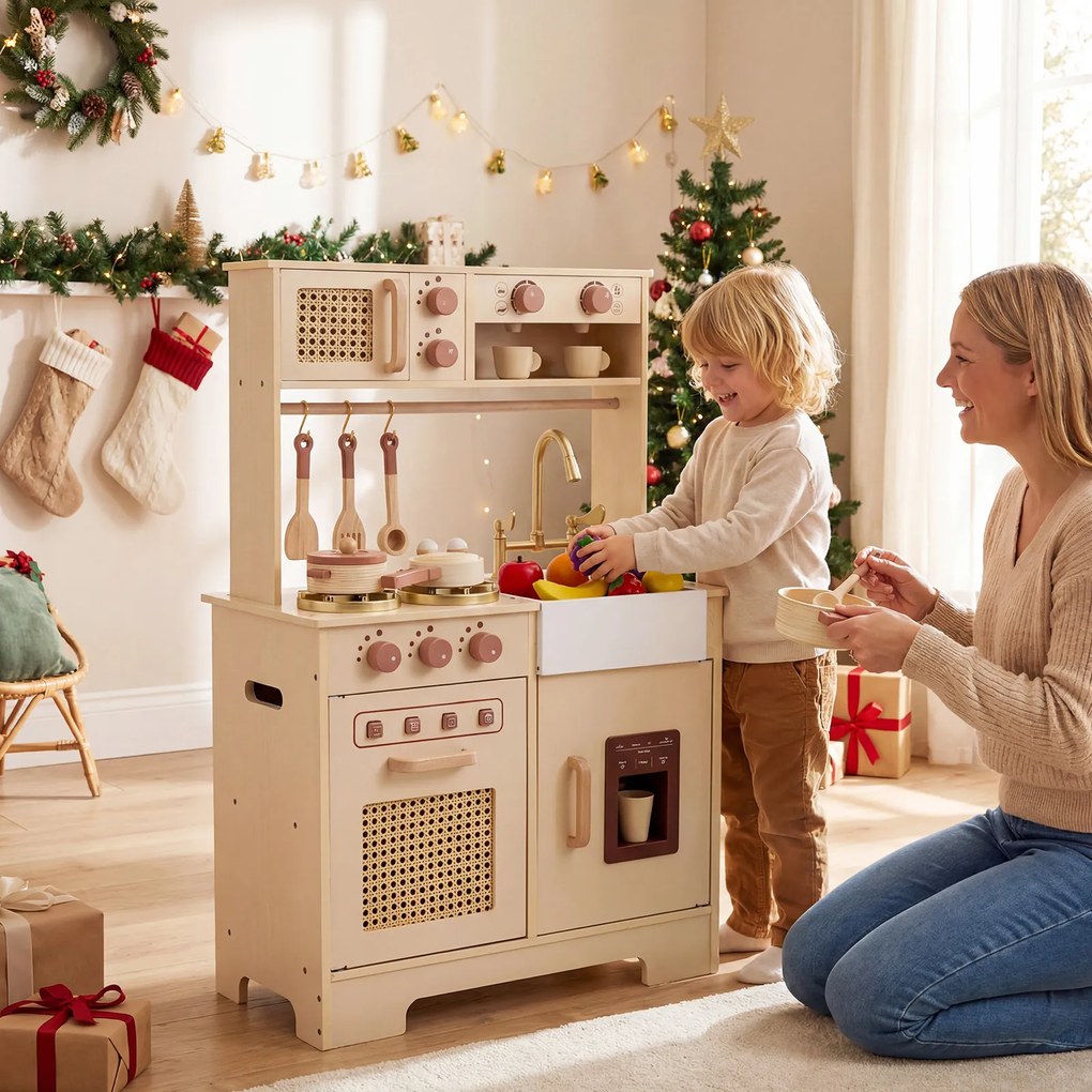 Costway Cucina bambini in legno cucina giocattolo con effetti sonori e luci, Cucina giocattolo set da gioco di chef con 15 accessori Giallo