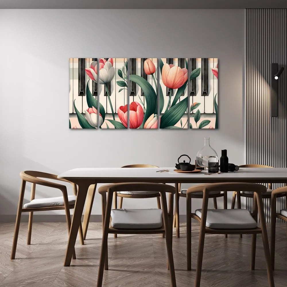 Quadri 5 pezzi – Pianoforte e tulipani in sinfonia floreale
