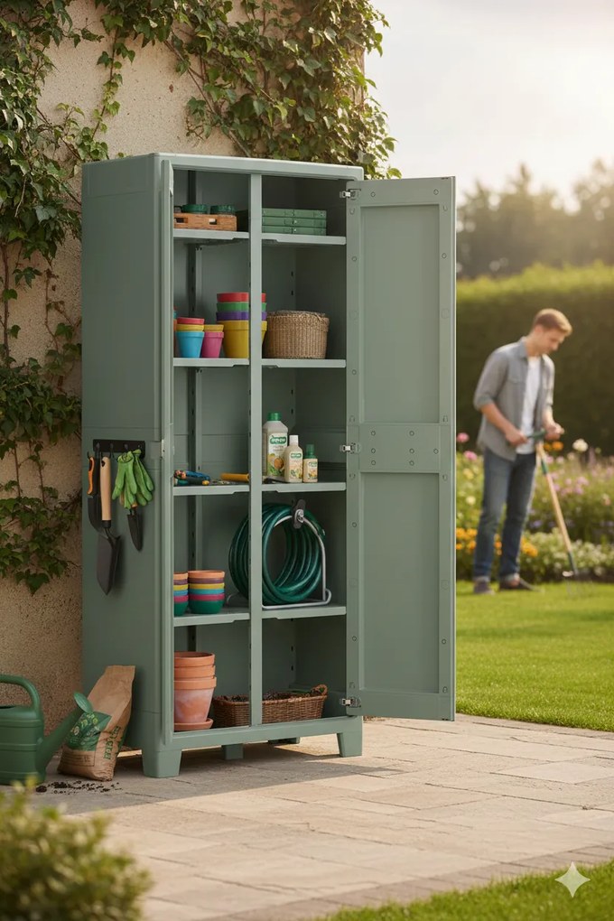 Armadio da Giardino 8 Ripiani 80x44x182 cm Keter Planet Outdoor Multispace Grigio e Verde...
