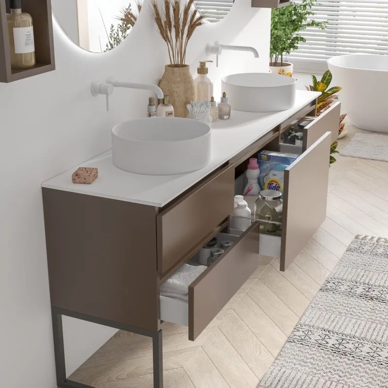 Mobile bagno a terra 180 cm con piano bianco solid surface e 5 cassetti SP-180SS5 - KAMALU
