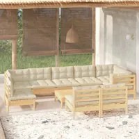 Set Divani da Giardino 10 pz con Cuscini Crema Massello di Pino 3096484