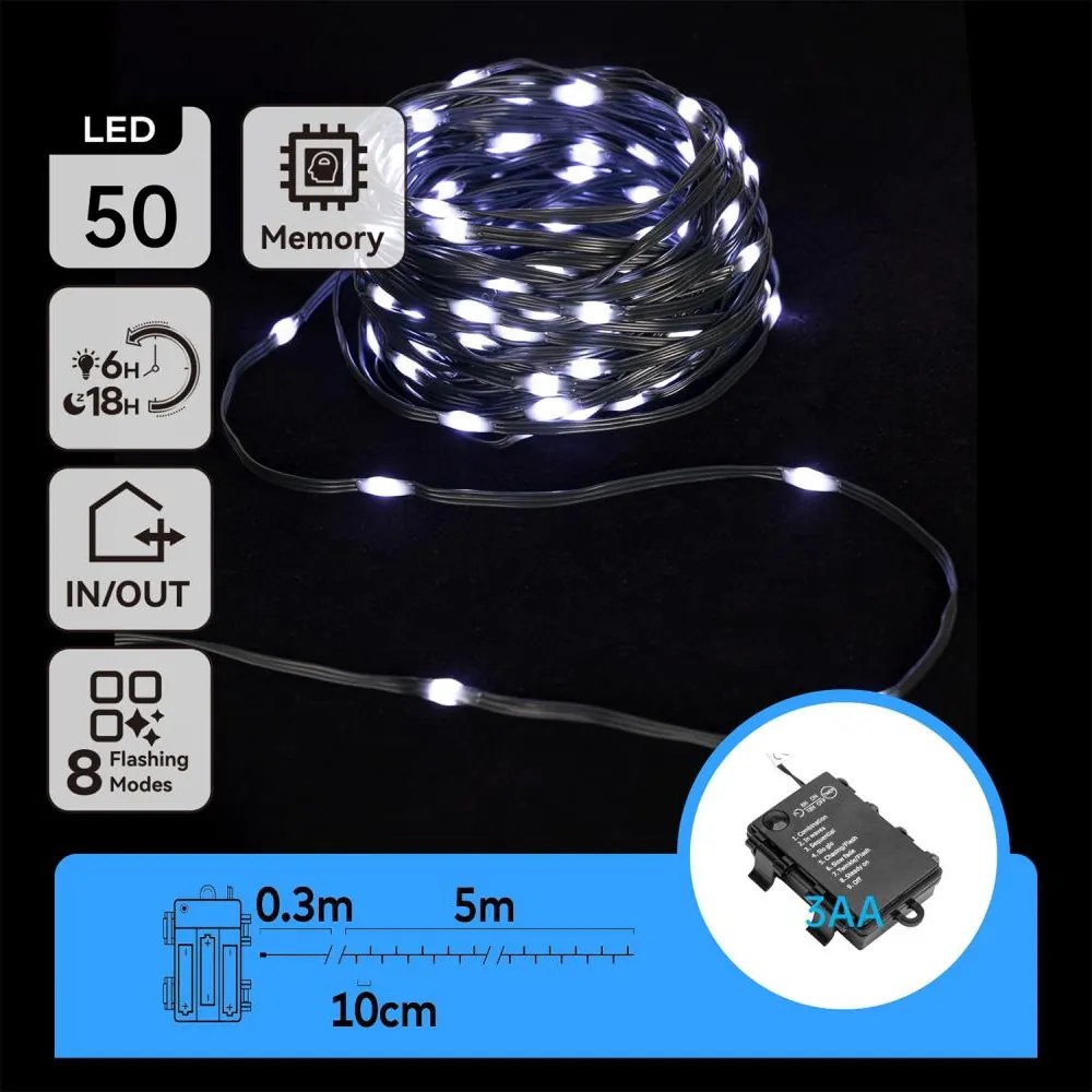 Aigostar -LED Catena luminosa da esterno 50xLED/8 funzioni 3xAA 5,3m IP44 luce bianca fredda