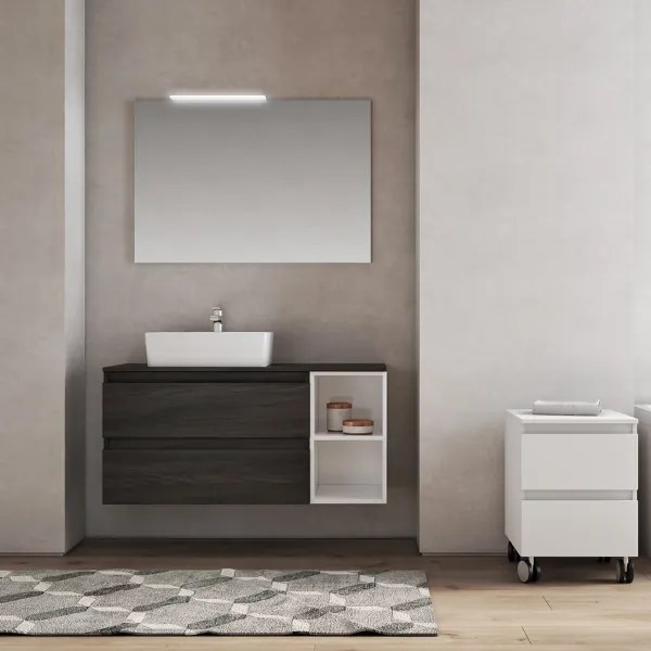Bagno moderno sospeso 110 cm base doppio cassettone e specchiera CUBE3