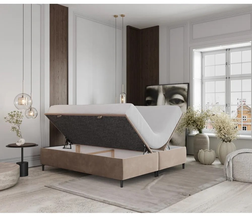 Letto matrimoniale imbottito beige con contenitore 160x200 cm Tate - Maison de Rêve