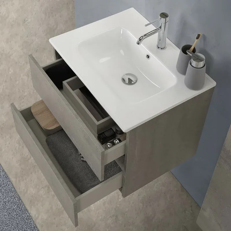 Mobile bagno sospeso 60cm in legno grigio cemento 2 cassettoni con lavabo e specchio Leda