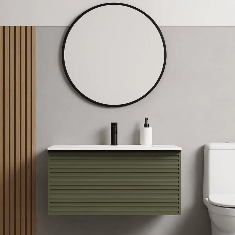 Mobile bagno sospeso con lavabo L 120.5 cm laccato verde e grigio pastello, 1 anta 2 cassetti per vasca a sinistra Pixel