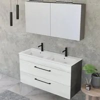 Composizione bagno sospesa Smack a 2 cassetti 118x62 con doppio lavabo, doppia specchiera e due lampade LED olmo naturale e cemento