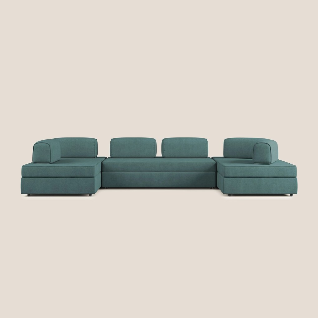 Liberty divano panoramico con pouf estraibile e schienali movibili in tessuto morbido impermeabile T02 petrolio