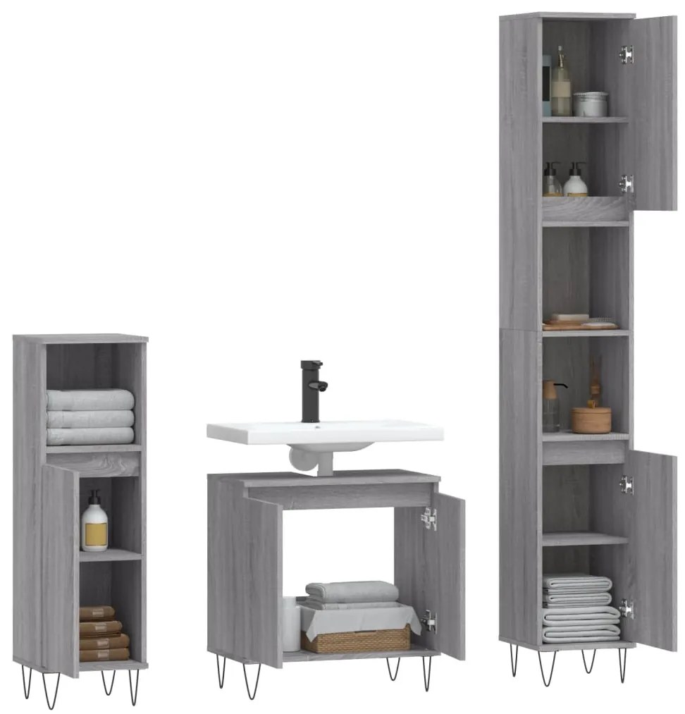 Set mobili da bagno 3 pz grigio sonoma in legno multistrato