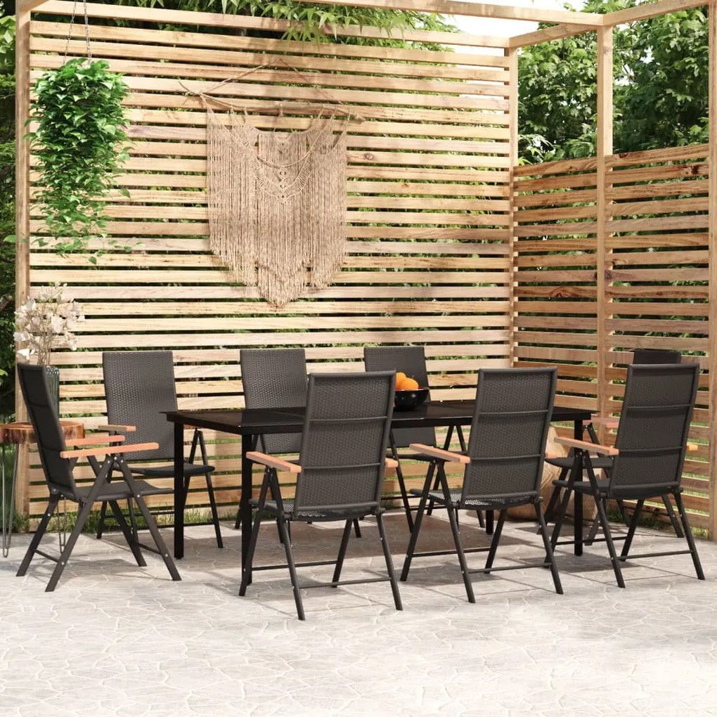 Set da pranzo per giardino 9 pz con cuscini nero