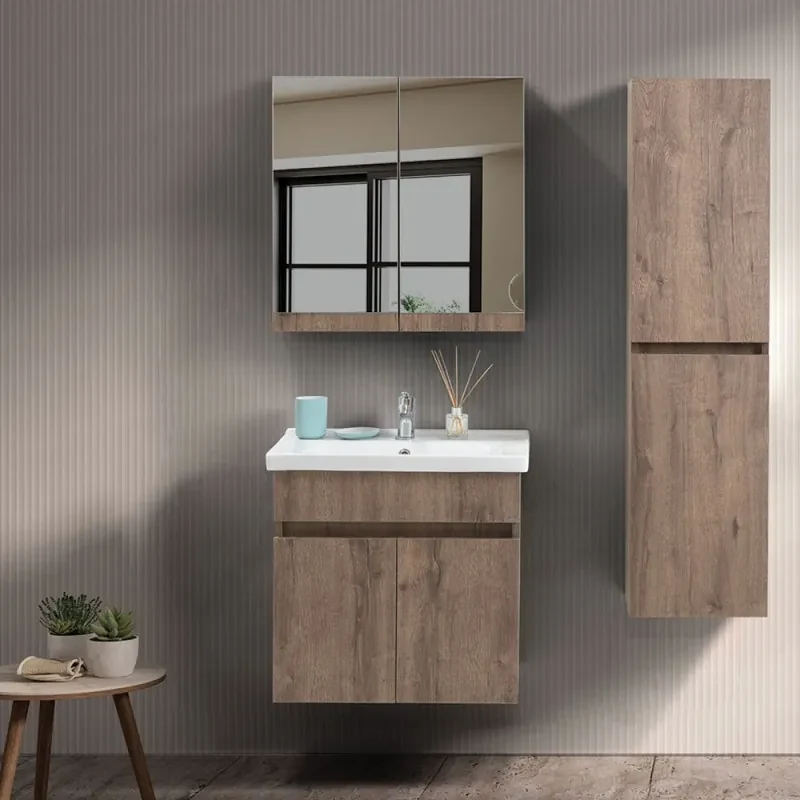 3 pz Set Mobili da Bagno，Armadietto da bagno，Mobiletto Bagno Rovere Marrone  in Legno Multistrato