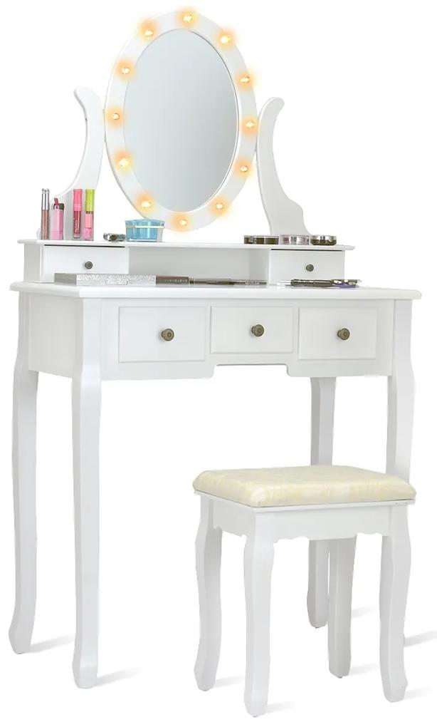 Costway Set di toletta a specchio con sgabello e cassetti Tavolo da trucco in legno con LED 80x40x142cm Bianco
