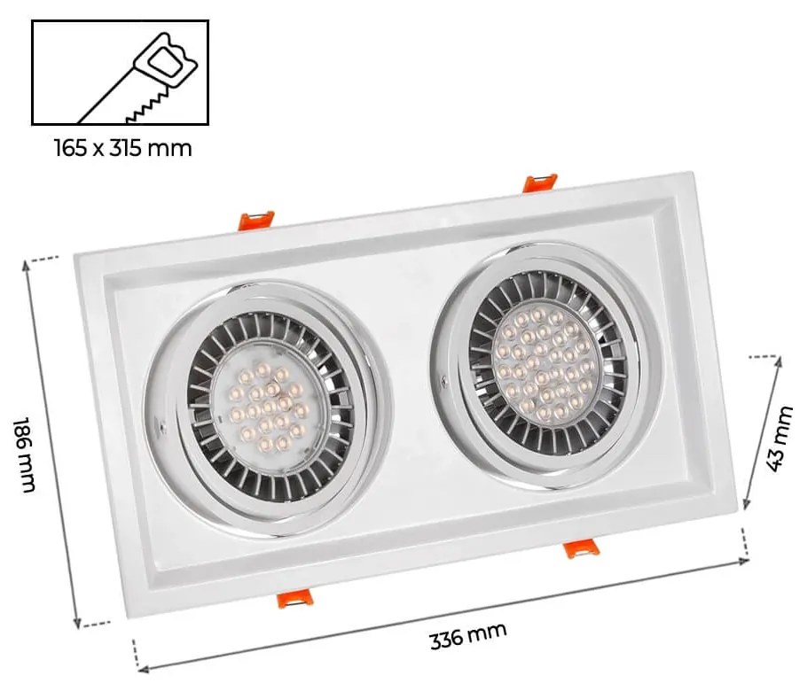 Faro da Incasso Orientabile per 2 lampade AR111 - Foro 165 x 315 mm Compatibili AR111 GU10