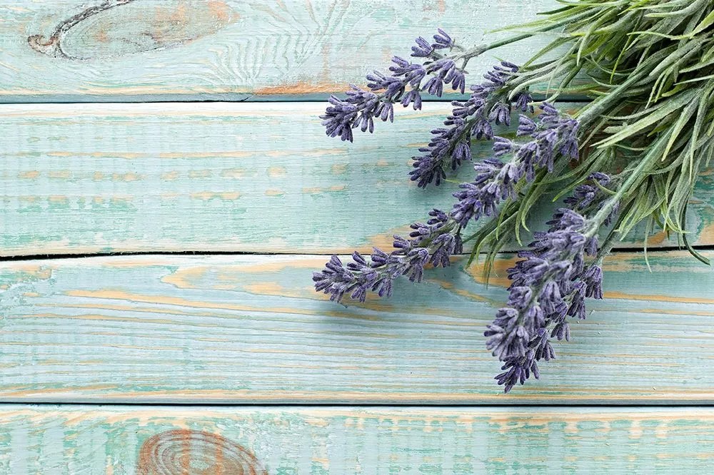 Carta da parati autoadesiva – Lavanda su sfondo di legno