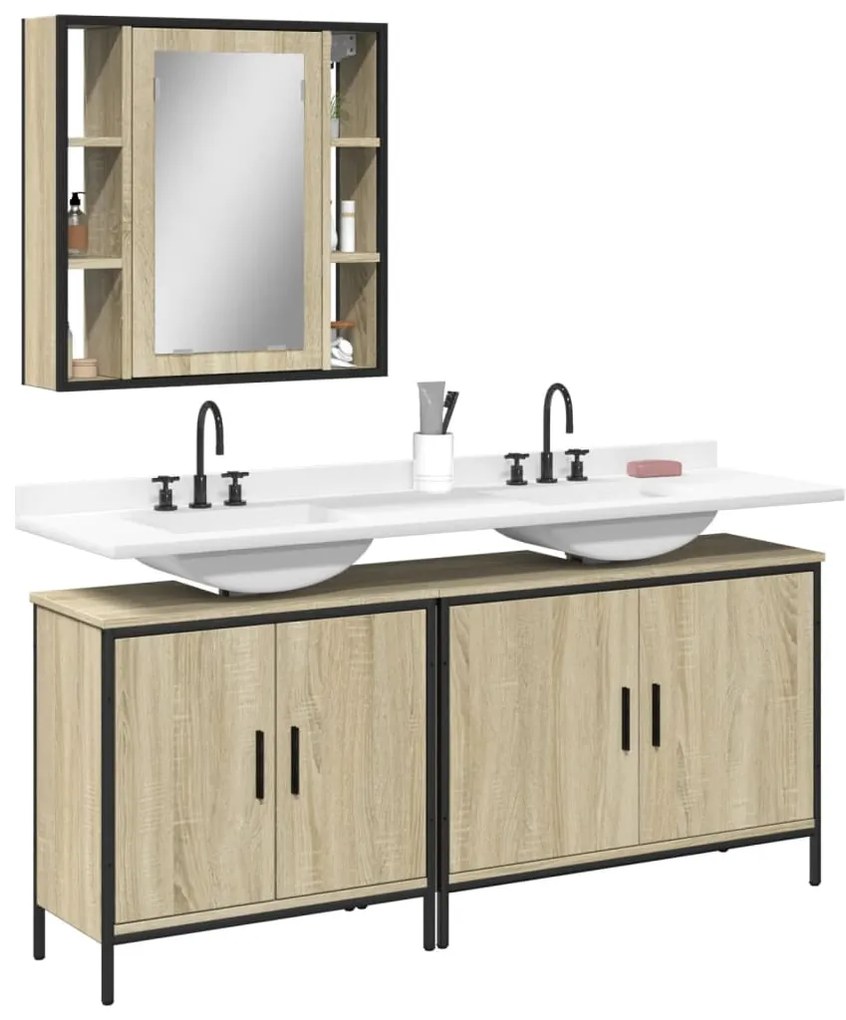 Set di mobili da bagno 3 pz rovere sonoma in legno multistrato