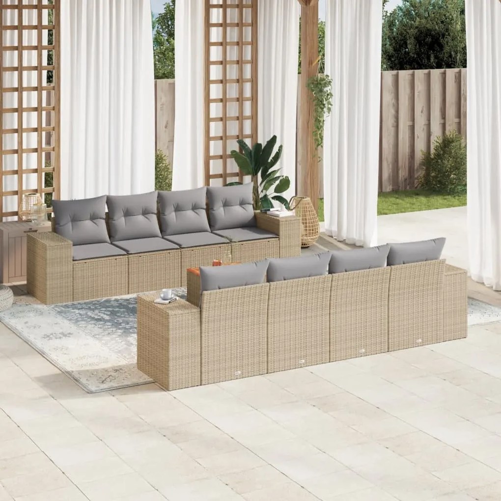 Set Divano da Giardino 9 pz con Cuscini Beige in Polyrattan