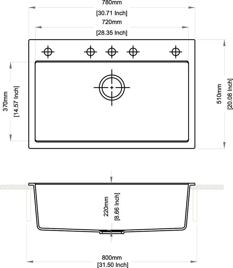 Lavello 1 vasca in Quarzo Nero 78x51cm - profondità 22cm