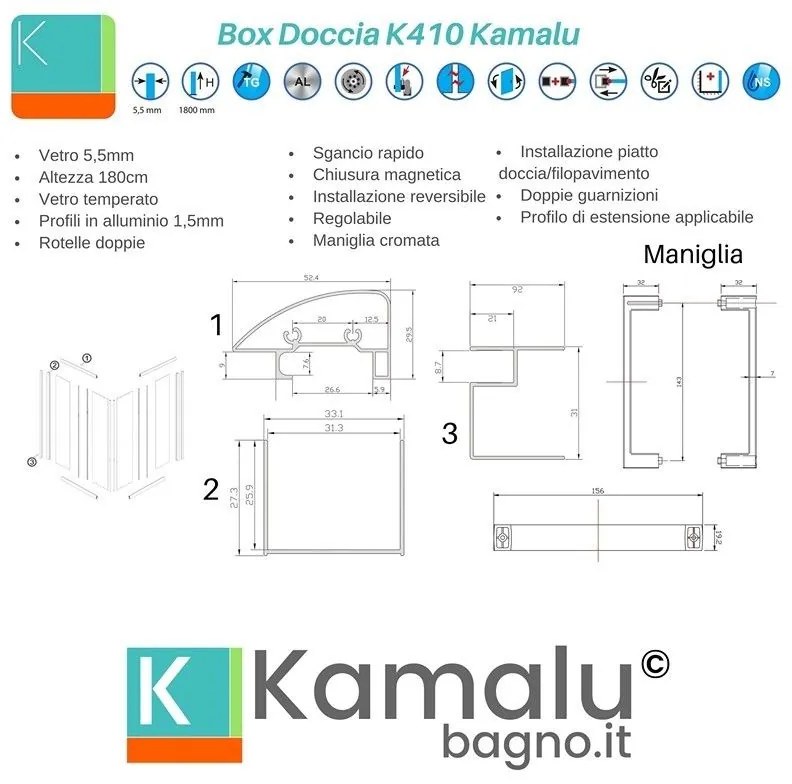 Kamalu - box doccia 3 lati 80x100x80 altezza 180 vetro serigrafato k410