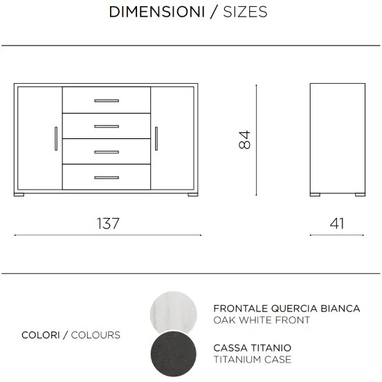 Madia con 2 ante e 4 cassetti 137 cm in legno Quercia Bianco - AMAL