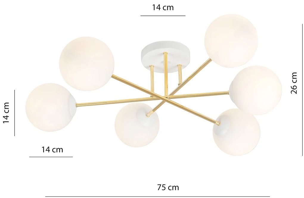 Plafoniera Moderna Magnium 6 Luci In Acciao Oro E Sfere In Vetro Bianco