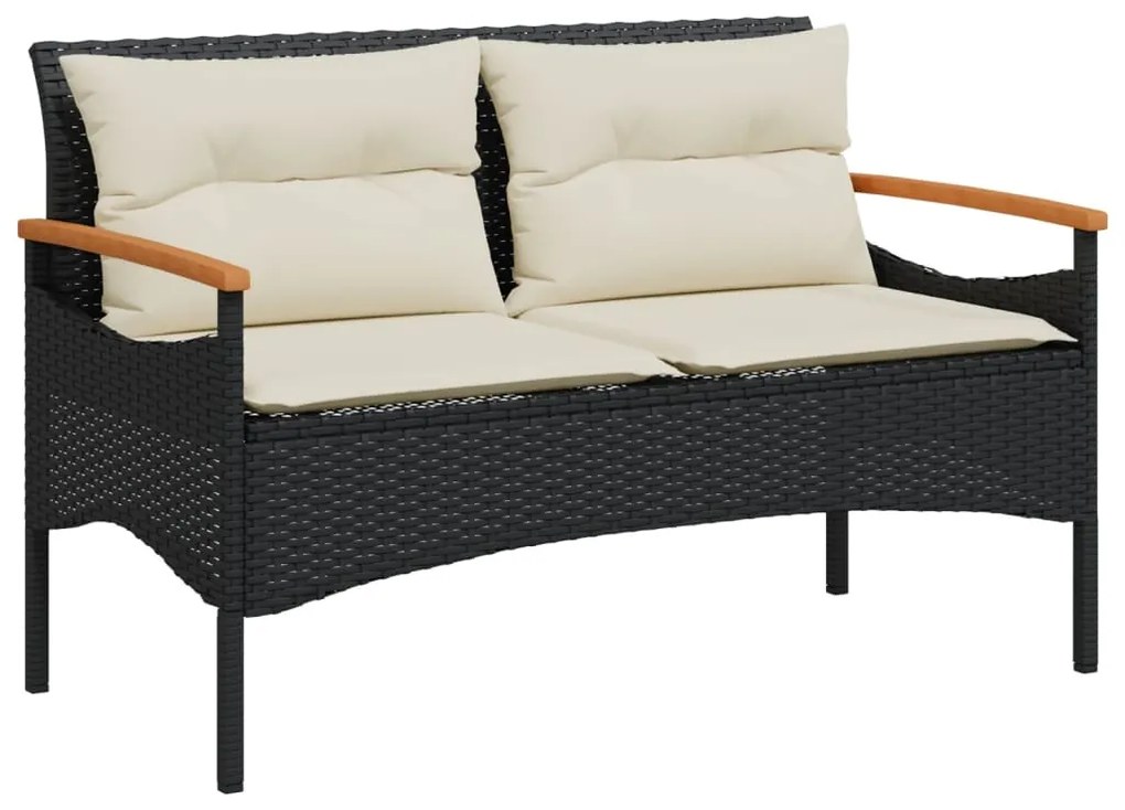 Panchina da giardino con cuscini 116x62,5x74 cm nera polyrattan