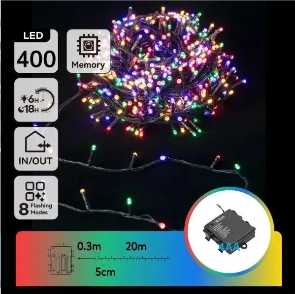 Aigostar - Catena luminosa LED da esterno 400xLED/8 funzioni 4xAA 20,3 m multicolore