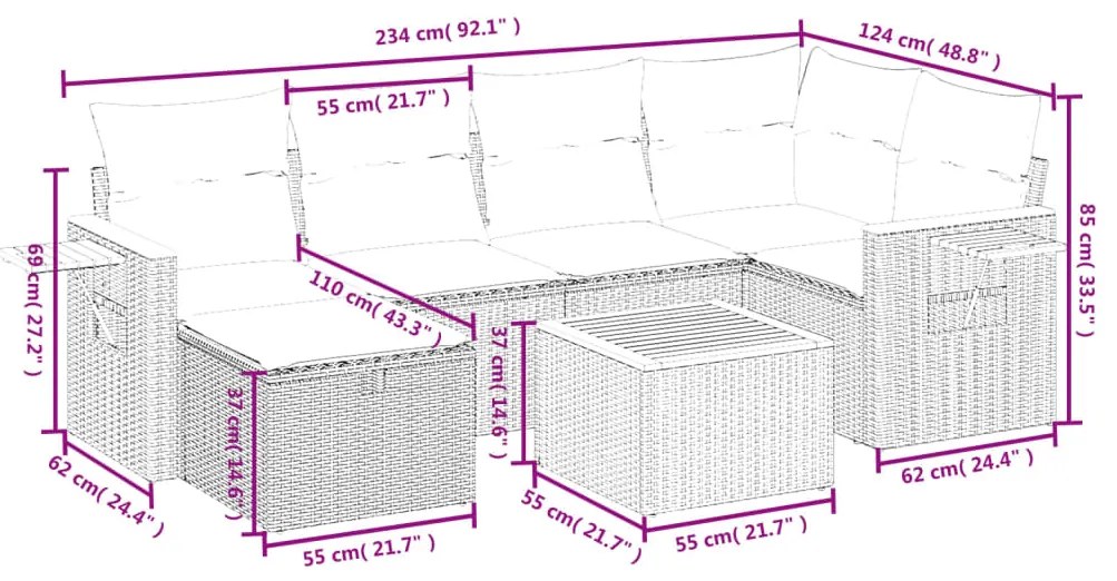 Set divano da giardino 7 pz con cuscini beige misto polyrattan