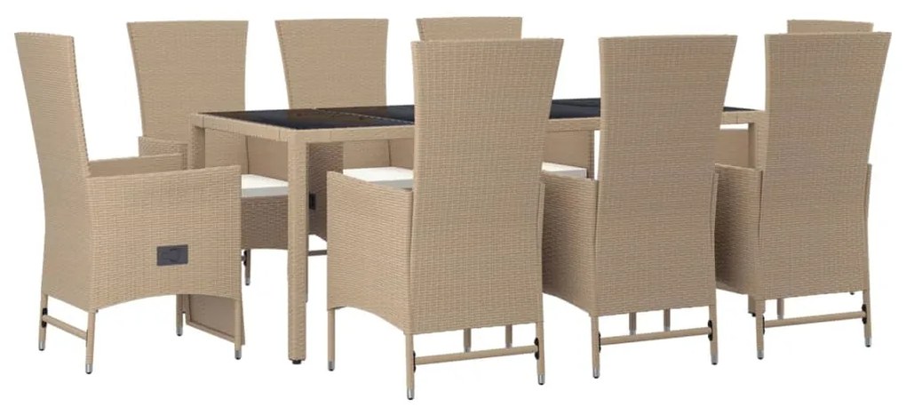 Set da pranzo da giardino 9 pz con cuscini beige in polyrattan