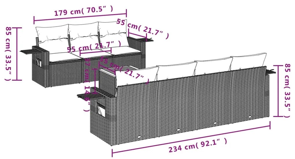 Set divani da giardino con cuscini 8 pz nero in polyrattan