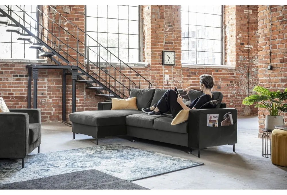 Divano letto angolare in velluto grigio scuro, angolo sinistro Lofty Lilly - Miuform