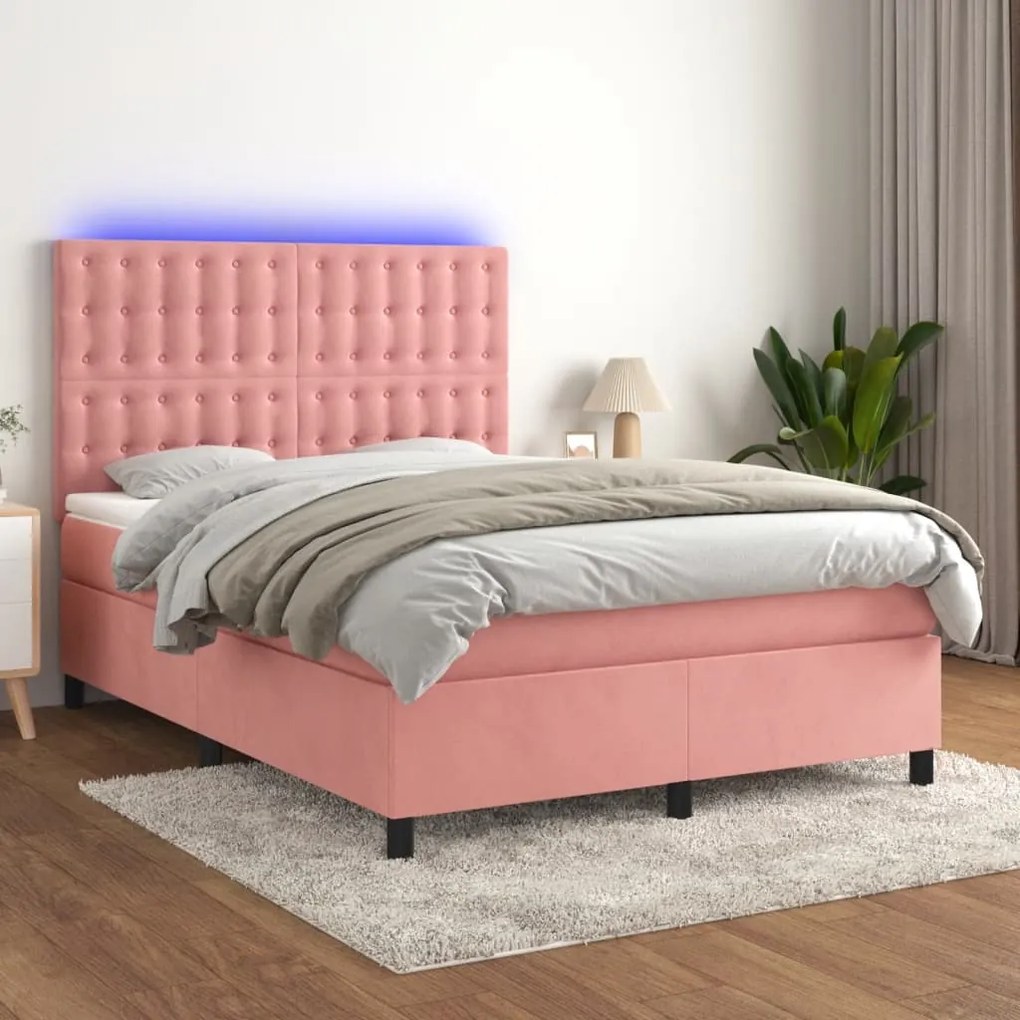 Letto A Molle Con Materasso E Led Rosa 140x200 Cm İn Velluto /