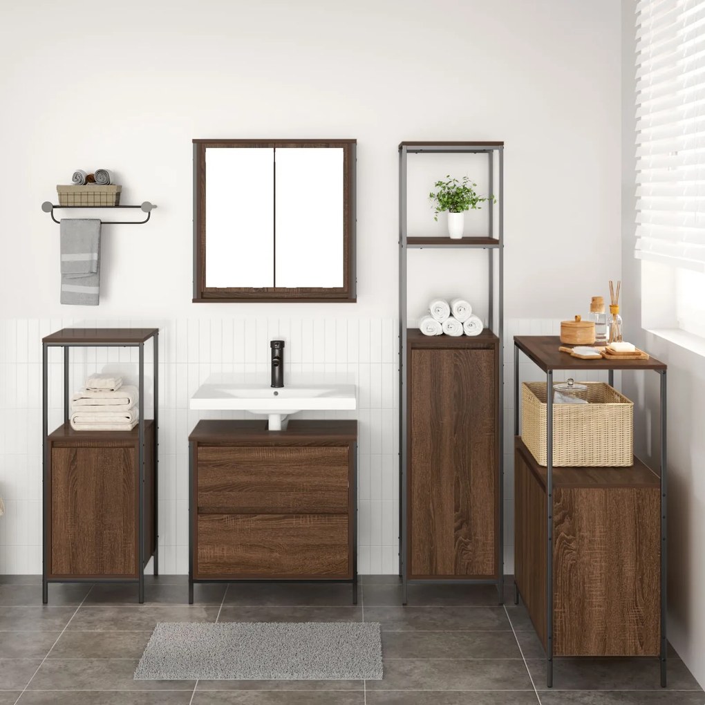Set di mobili per il bagno in legno ingegnerizzato rovere da 5 pezzi