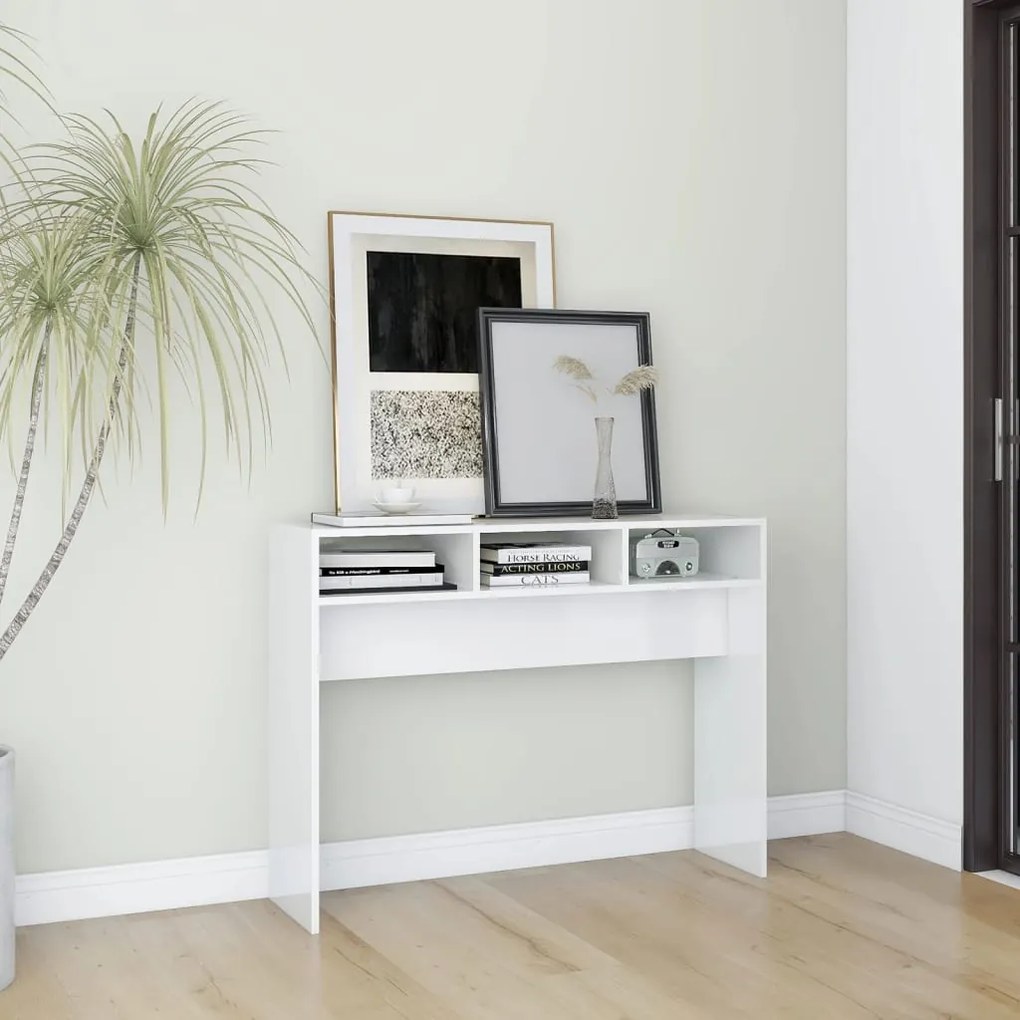 Tavolino Consolle Bianco Lucido 105x30x80 Cm Legno Multistrato /