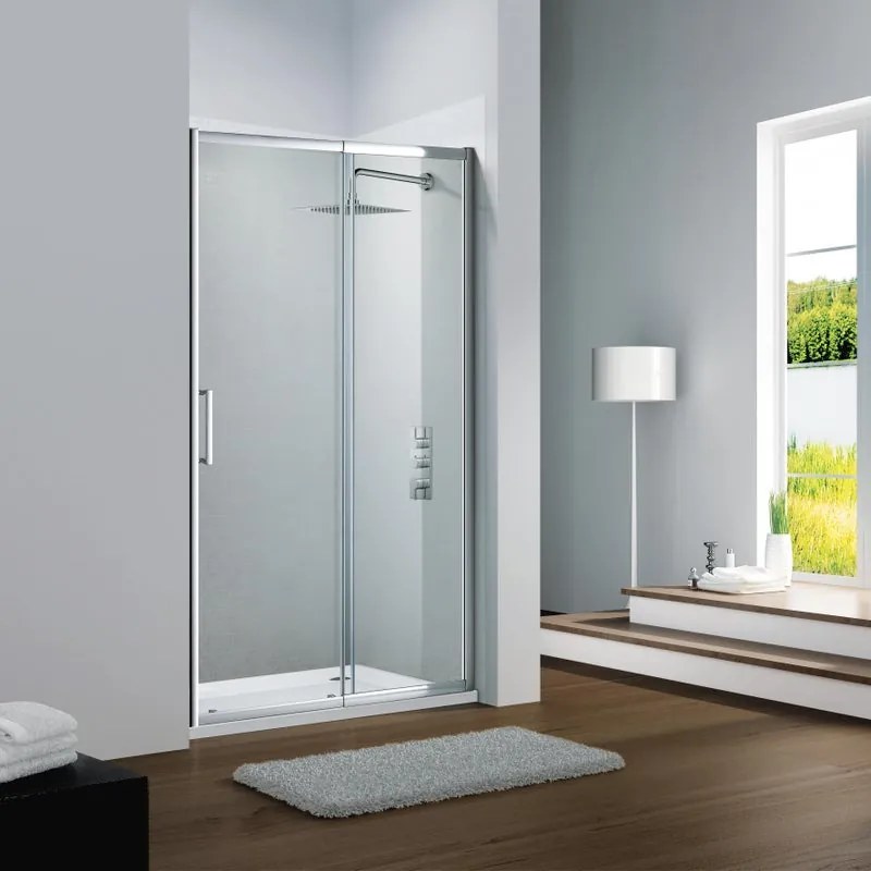Porta doccia scorrevole L 94-100 cm x H 195 cm per nicchia in vetro trasparente SP. 6 mm, profilo lucido cromo, serie Slimline